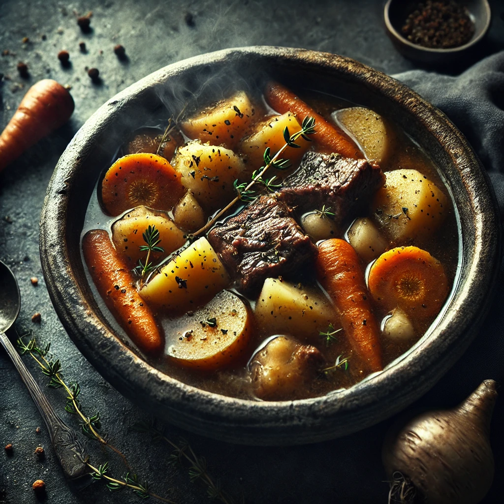 A rustic bowl of Hearthkeeper’s Enchanted Stew with tender lamb, root vegetables, and fragrant herbs, garnished with fresh parsley, served in an earthy setting.