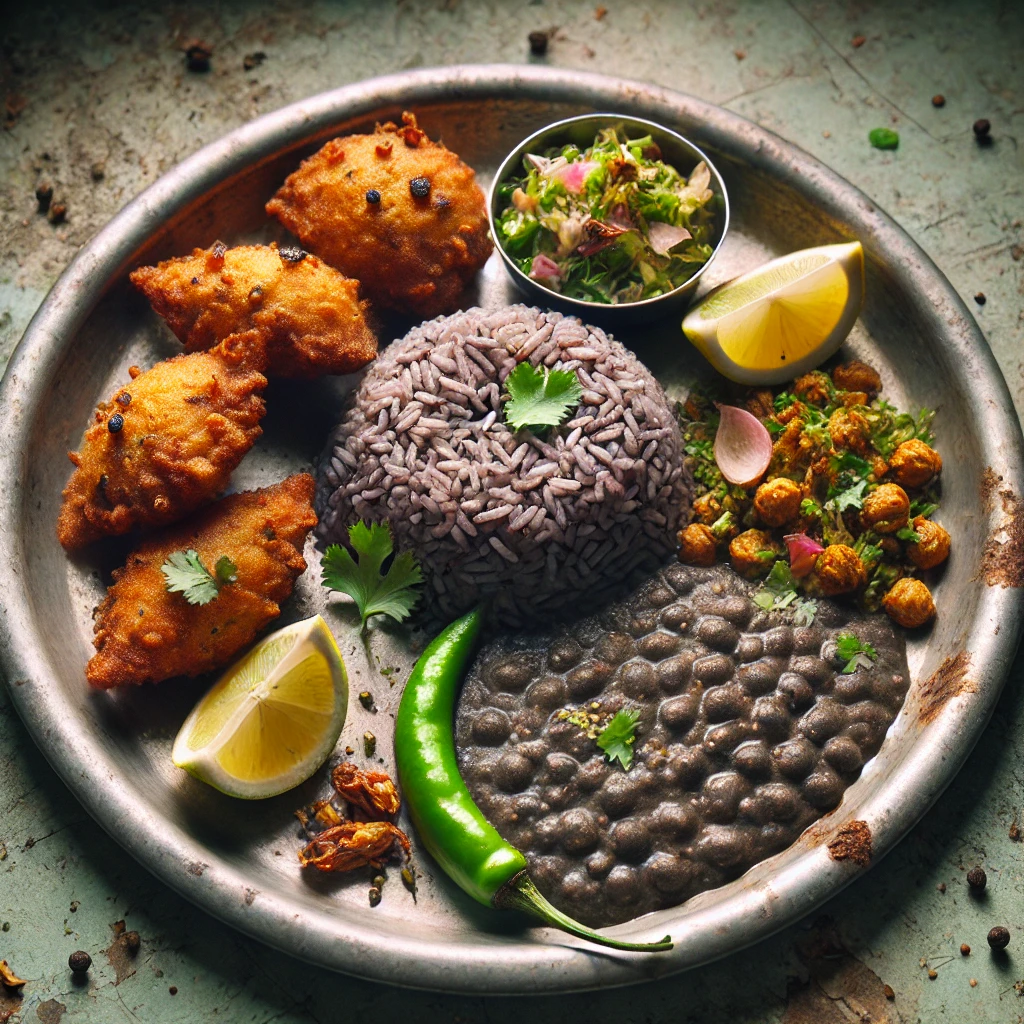 A rustic, imperfect Indian thali served on a worn metal plate, featuring bhatt ki dal, white rice, fried pakoras, fresh coriander, green chili, lemon wedge, and a simple side salad, captured in soft natural light.