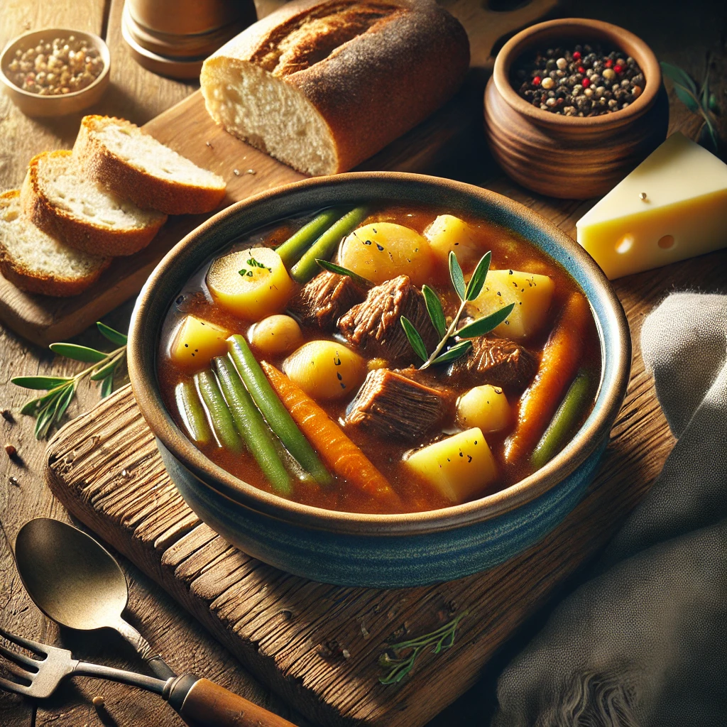 A hearty bowl of The Farmer’s Reunion Stew, filled with tender beef chunks, root vegetables, and rich broth, served with crusty bread and a wedge of cheese on a rustic wooden table.