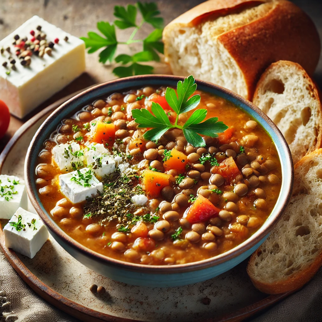 A bowl of Fakes Soupa (Greek lentil soup) served with crusty bread and pieces of feta cheese on the side. The soup is garnished with chopped parsley and drizzled with olive oil, creating a rustic and comforting presentation.