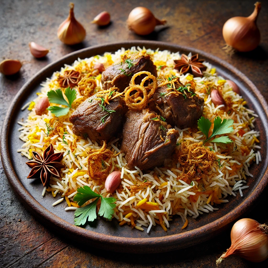 A rustic plate of mutton biryani with tender mutton pieces, fragrant basmati rice, and saffron, garnished with fresh coriander, served on an earthy, dark textured surface.