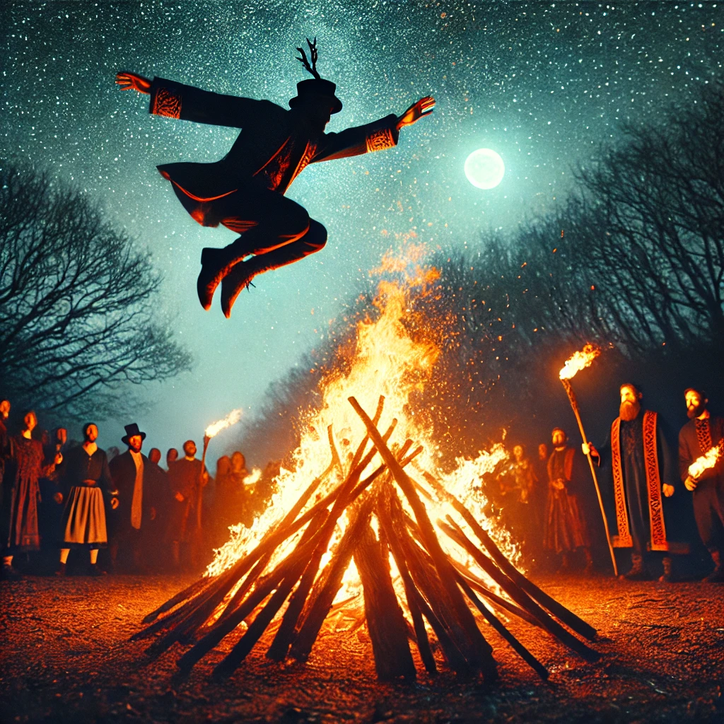 A vibrant Beltane fire-jumping scene at night, with people gathered around a large bonfire. A person is mid-air, leaping over the flames, surrounded by flickering firelight and the warm glow reflecting on the faces of the crowd.