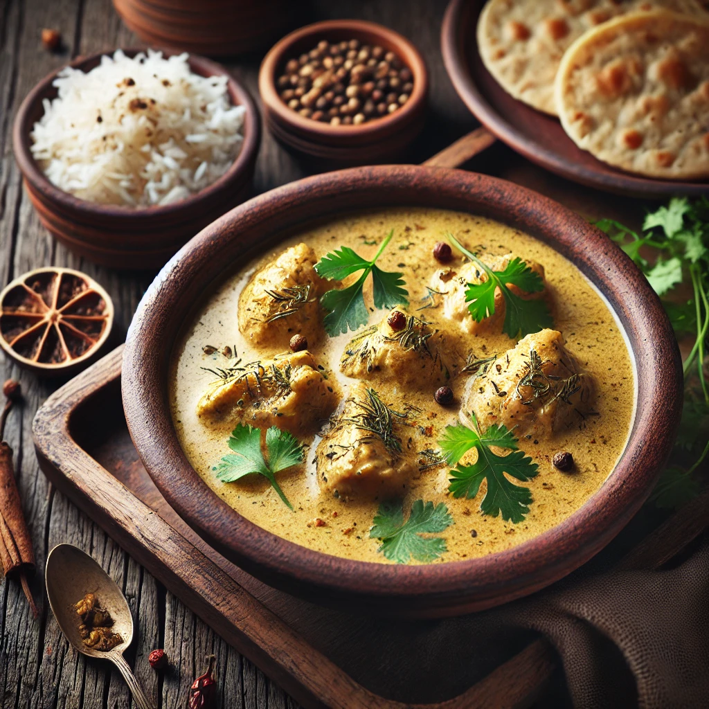 "A rustic bowl of Garhwali Bhang Chicken Curry, garnished with fresh coriander, showcasing the rich, earthy tones of mustard oil and roasted bhang seeds, served alongside steaming rice and traditional mandua rotis."