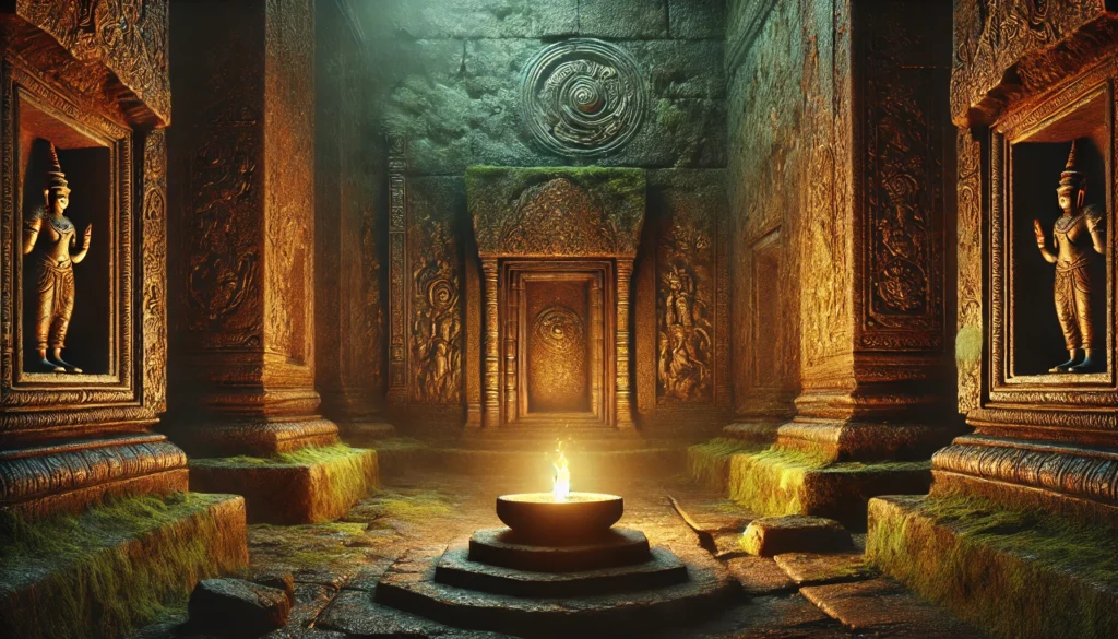 Ancient temple ruins with flickering flames and golden carvings glowing faintly on the walls—a mysterious and haunting scene.