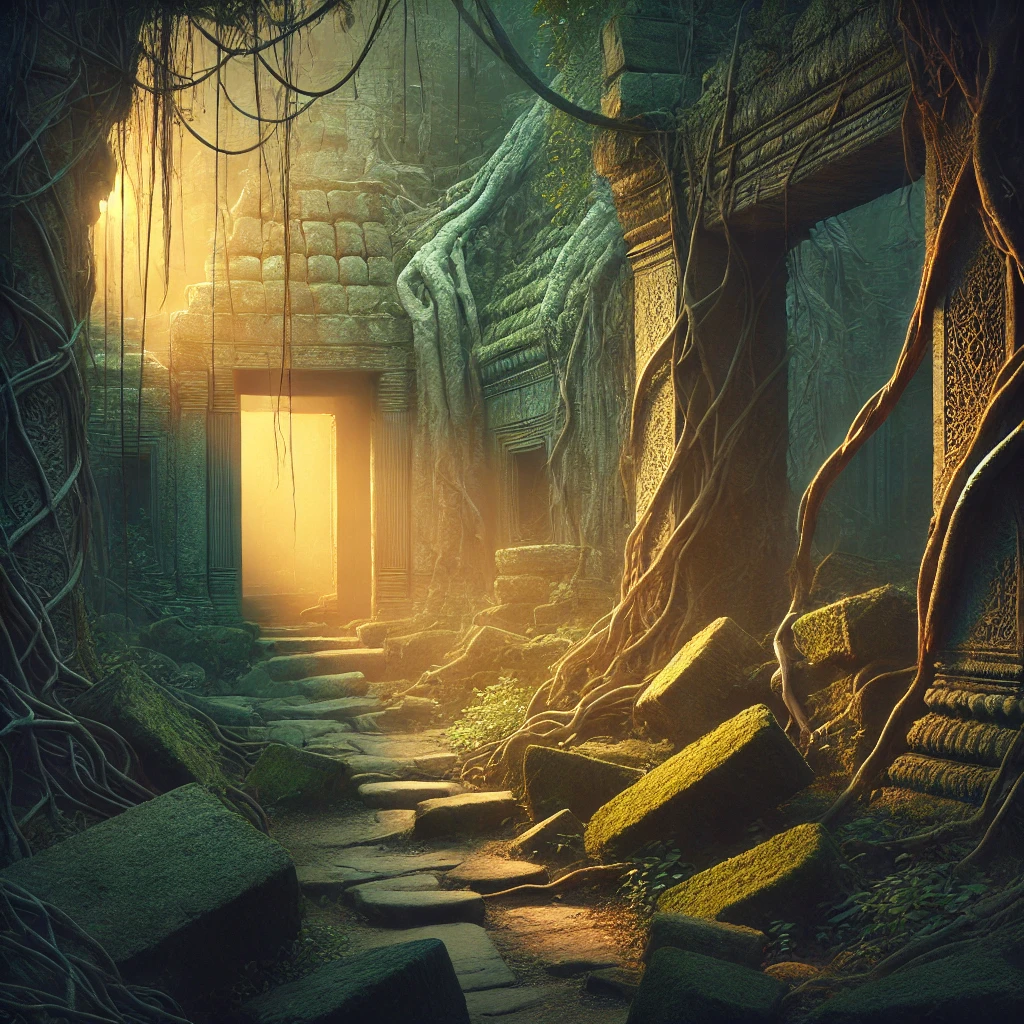 An overgrown ancient temple ruin bathed in twilight, vines creeping over crumbling stone, hinting at secrets long forgotten