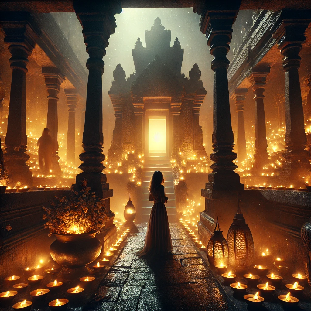 A mystical ancient temple at night, glowing with the golden light of hundreds of oil lamps. A young woman stands at the entrance, gazing toward the flickering fire at its heart. The air feels thick with incense and mystery. Shadows shift beyond the firelight, hinting at something ancient and waiting. The towering stone pillars and warm, sacred glow create an ethereal, timeless atmosphere.