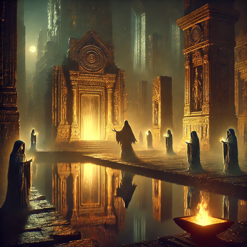 A mystical, ancient temple at dusk, illuminated by flickering firelight. Shadowy, ethereal figures, the Keepers, stand at the temple’s edges, appearing as reflections on water. The atmosphere is eerie yet sublime, with deep shadows, glowing embers, and an ancient presence looming beyond the firelight