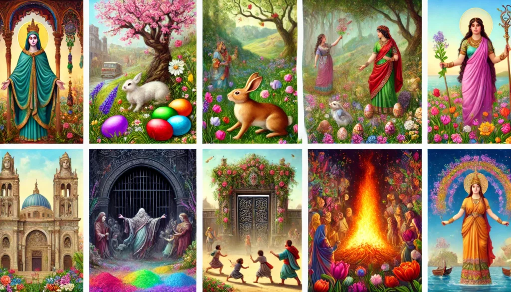 A rich, detailed illustration of various spring myths and festivals from different cultures. Persephone emerging from the underworld, symbolizing the return of life; Eostre with a hare and colorful eggs; Holika Dahan with a bonfire and people throwing vibrant powders; Ishtar descending into the underworld with divine regalia; King Jamshid on a jeweled throne with Persian symbols; Flora dancing among blooming flowers; and a Beltane fire-jumping scene with a couple symbolizing the union of the May Queen and the Green Man. The image reflects themes of rebirth, fertility, and the triumph of light over darkness.