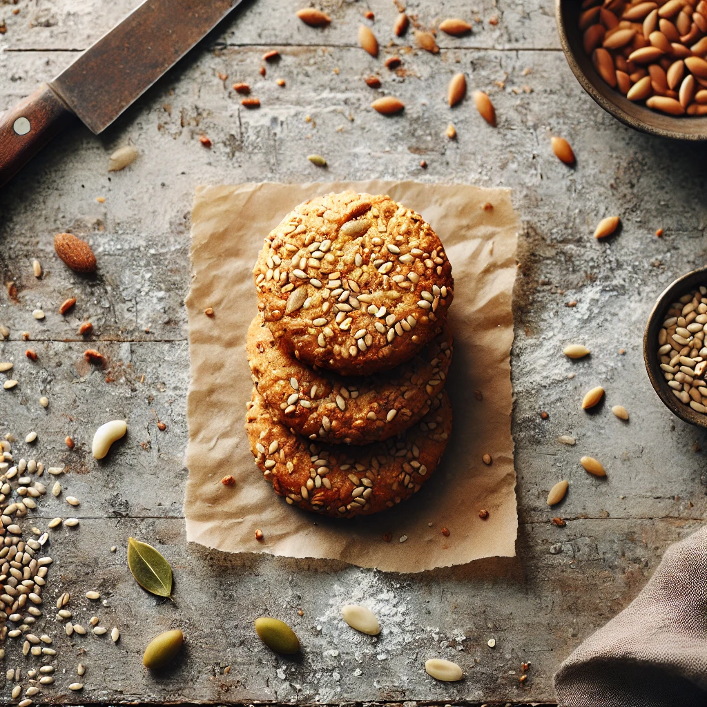 Rustic seed cookies with a golden-brown, slightly uneven texture, arranged on an imperfect wooden surface. The cookies have visible seeds and a rough, homemade look, evoking a natural and earthy feel.