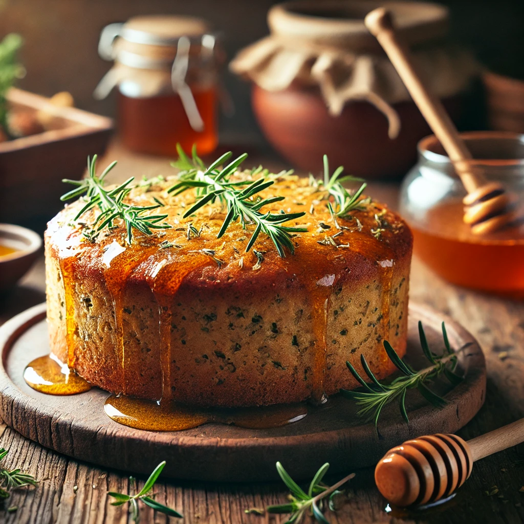 Rustic honey and herb-infused Imbolc cake on a wooden board, with a golden, uneven crust and visible flecks of rosemary and chamomile. A few sprigs of fresh herbs are scattered beside it, enhancing the cake’s homemade, imperfect charm.