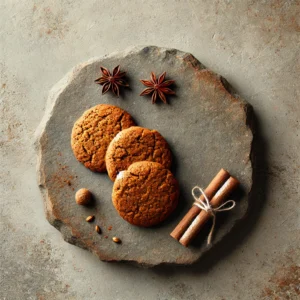 Rustic spiced cookies with a golden-brown finish, neatly arranged on an imperfect stone surface, showcasing their simple and homemade charm