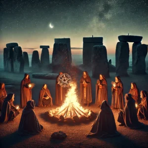Ancient fire ritual at dusk with a weathered stone altar, a flickering fire casting golden light, and a cast iron pot suspended over the flames. Surrounding the scene are earthen bowls with herbs, grains, and vegetables, resting on a rustic stone slab. Shadows of moss-covered stones and the soft glow of twilight create a mystical, timeless atmosphere