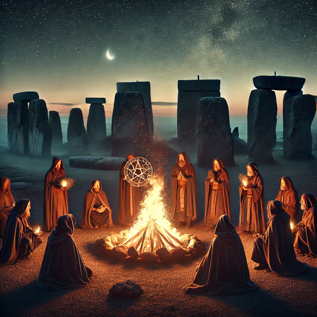 Ancient fire ritual at dusk with a weathered stone altar, a flickering fire casting golden light, and a cast iron pot suspended over the flames. Surrounding the scene are earthen bowls with herbs, grains, and vegetables, resting on a rustic stone slab. Shadows of moss-covered stones and the soft glow of twilight create a mystical, timeless atmosphere