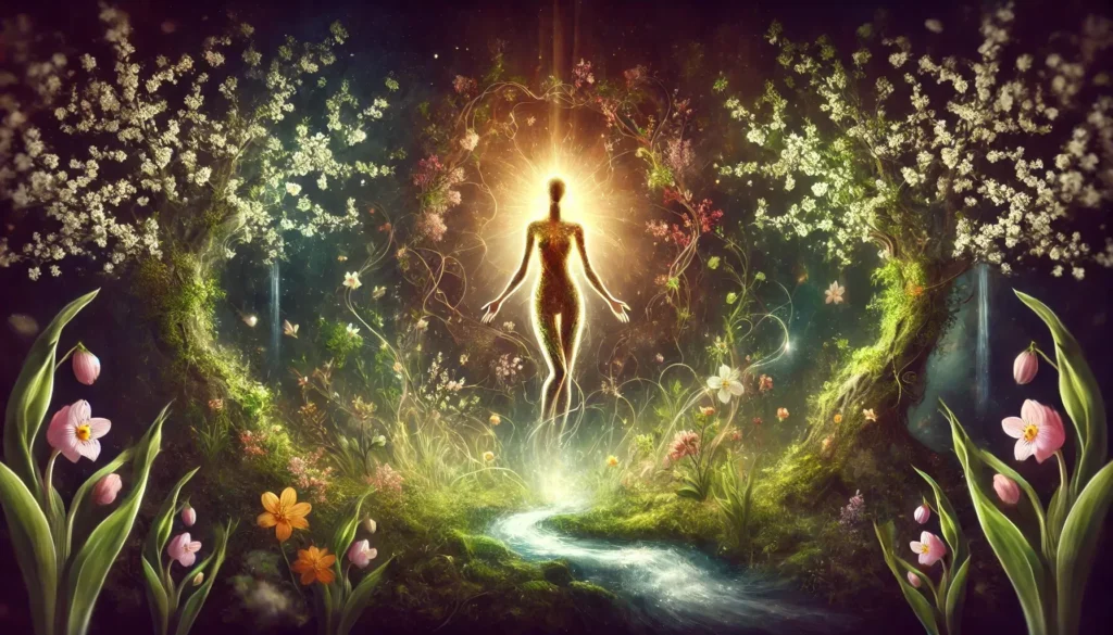 Mystical spring goddess radiating golden light, surrounded by blooming flowers, flowing vines, and a shimmering stream, symbolizing renewal and the life-giving force of nature.