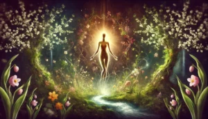 Mystical spring goddess radiating golden light, surrounded by blooming flowers, flowing vines, and a shimmering stream, symbolizing renewal and the life-giving force of nature.