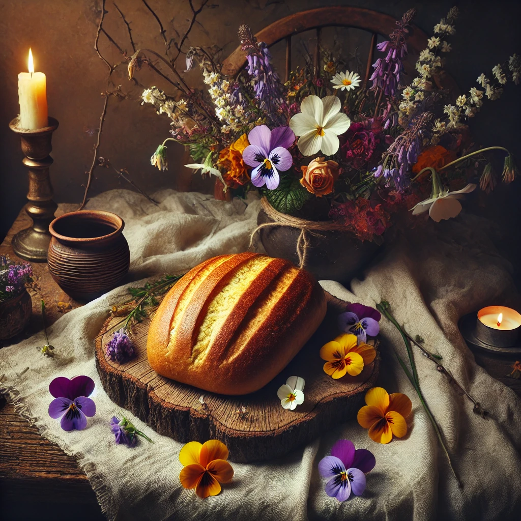 A freshly baked golden-brown loaf of bread resting on a modern stone countertop, draped with soft linen, with sunlight streaming in through a window. A glass jar of honey sits nearby, surrounded by scattered saffron flowers and spring blooms, evoking a rustic, pagan offering atmosphere.