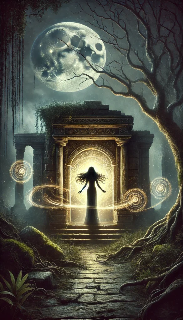 A mystical nighttime scene of an ancient stone temple beneath a moonlit sky, surrounded by dense forest and glowing mist.