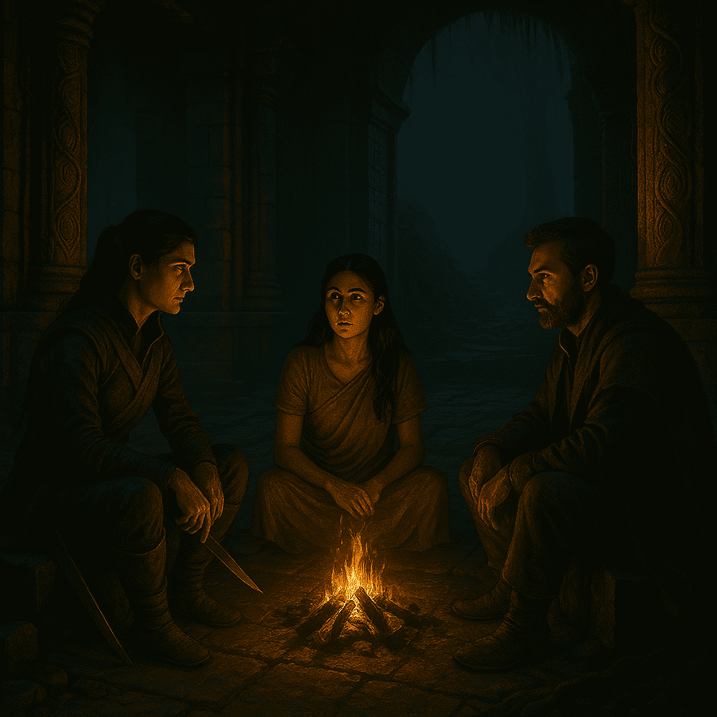 Mira standing near glowing temple embers, facing two mysterious warriors—Vasushrava and Chitrangada—beneath the ruins’ arches, bathed in warm firelight and shadows.