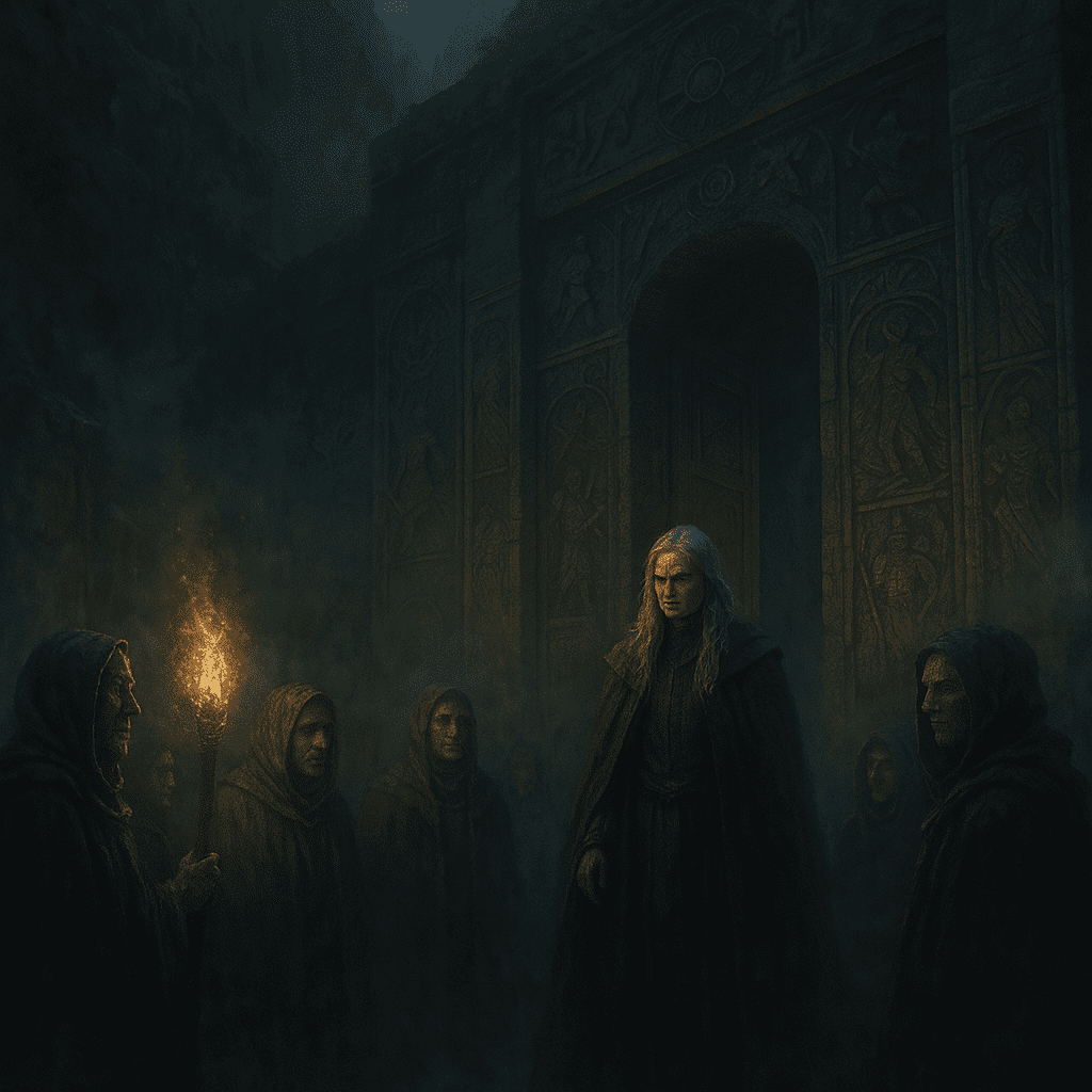 Silver-haired woman leading the Ainurim warriors in a sacred temple from the fantasy novel Return of the Goddess