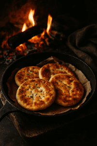 A photograph captures four freshly baked flatbreads resting on a rustic stone slab, dusted with flour and speckled with charred marks. A sprig of rosemary and dried heather flowers add an old-world charm, evoking the warmth of hearth traditions.