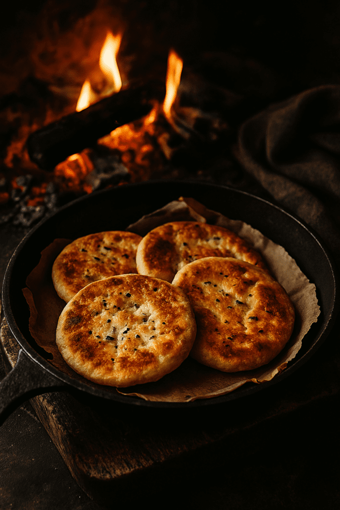 A photograph captures four freshly baked flatbreads resting on a rustic stone slab, dusted with flour and speckled with charred marks. A sprig of rosemary and dried heather flowers add an old-world charm, evoking the warmth of hearth traditions.