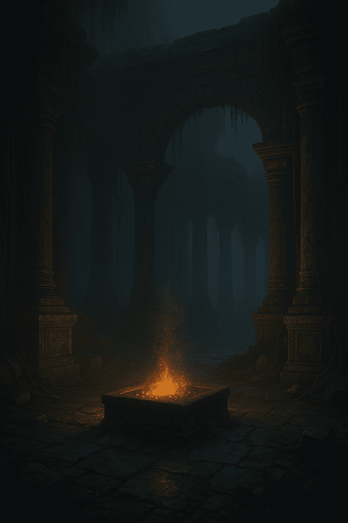 A glowing sacred fire burns in a sunken stone pit at the heart of an ancient, overgrown temple. Arched columns rise into the mist, cloaked in shadow and time, as embers dance in the dim light.